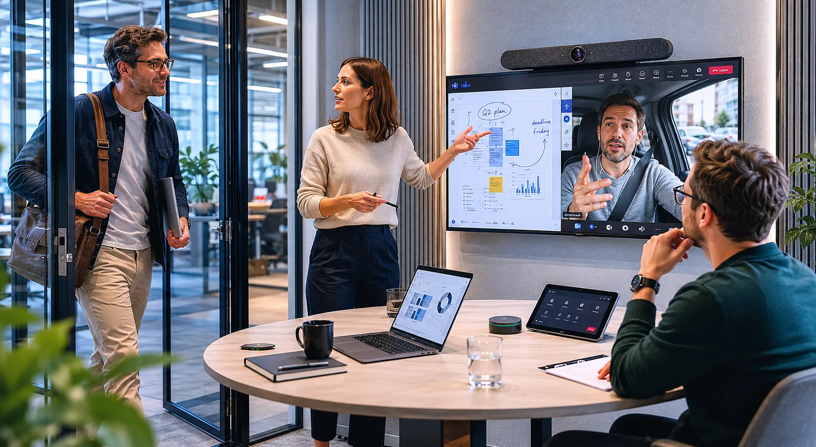 Mały zespół korzystający z nowoczesnego huddle roomu wyposażonego w ekran i system wideokonferencyjny