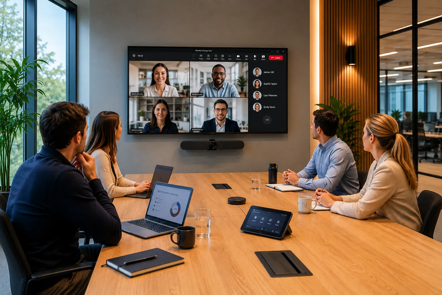 Nowoczesna sala konferencyjna wyposażona w monitor, kamerę do wideokonferencji i system audio