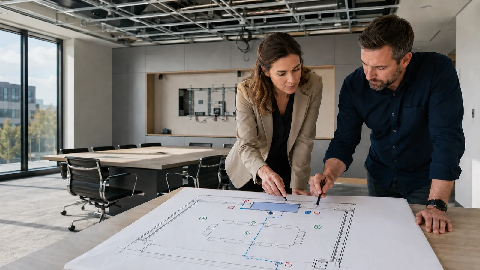 Architekt i integrator AV analizują projekt sali konferencyjnej przed rozpoczęciem prac